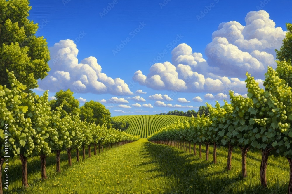 Fototapeta premium Lush Vineyard with Green Grapevines and Puffy White Clouds Under a Clear Blue Sky