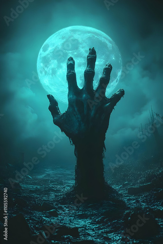 Zombie Hand Reaching for Moon 3D Illustration