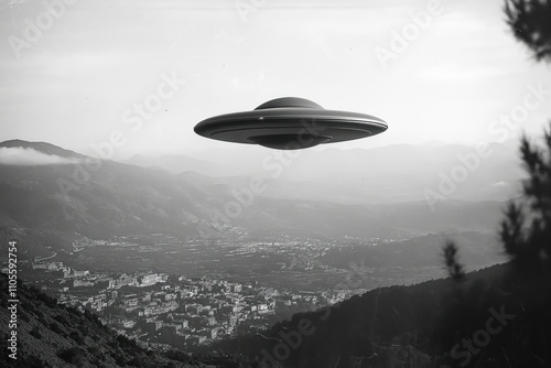 UFO hovers above valley city. Monochromatic vintage style photo shows flying saucer over cityscape nestled in valley between mountains. Mysterious scene suggests unknown phenomena over populated
