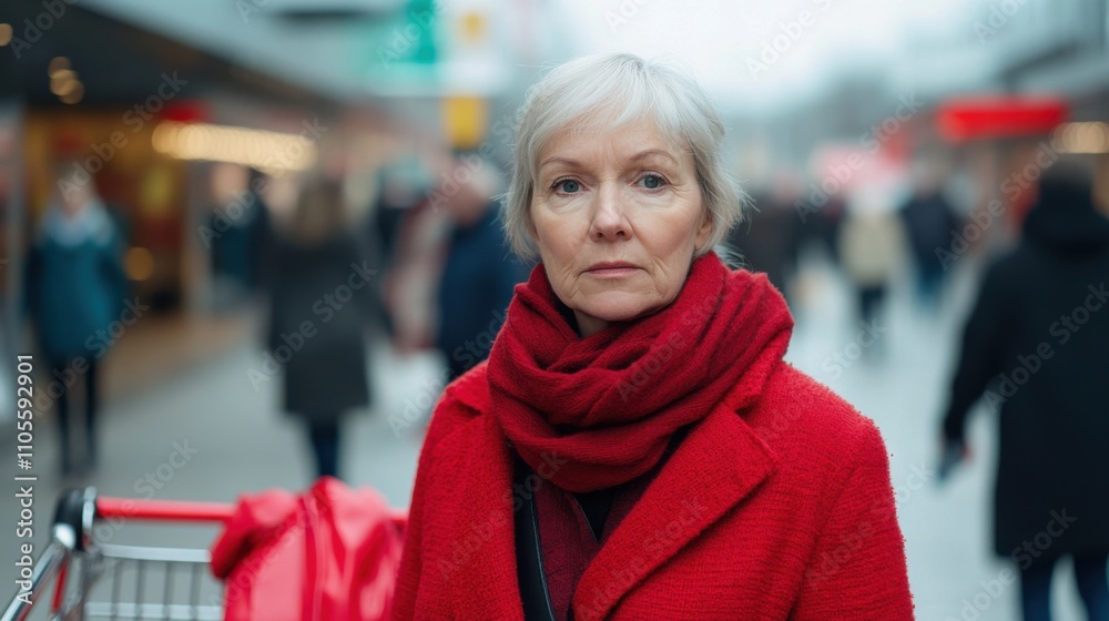 Elderly Senior Woman in Red Coat Shopping in Busy Urban Street Elderly Senior Woman in Red Coat Shopping in Busy Urban Street