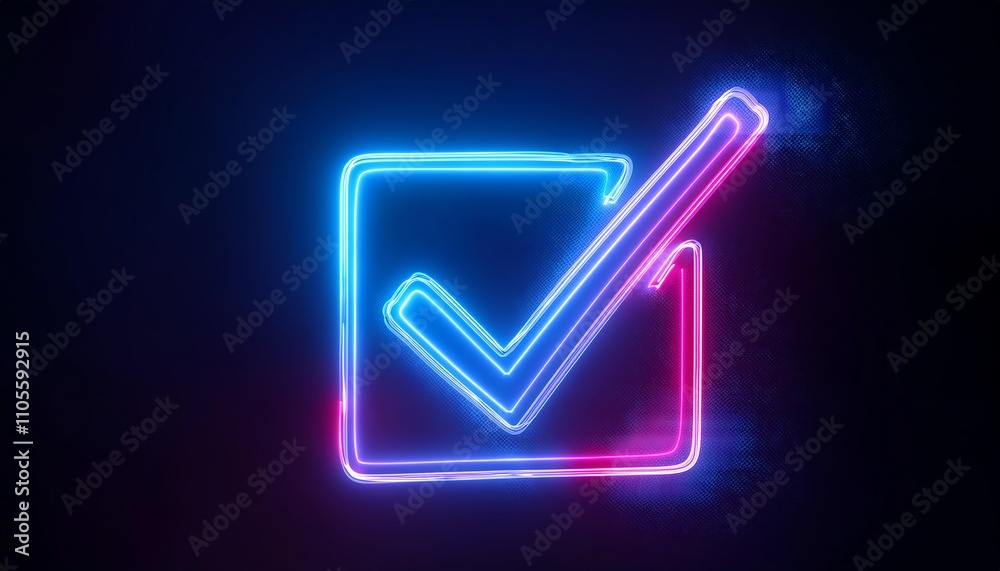 A glowing neon checkmark inside a square outline, radiating blue and pink colors against a dark background. A glowing neon checkmark inside a square outline, radiating blue and pink colors against a dark background.