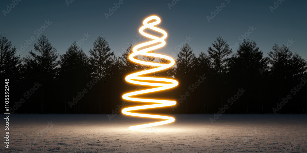 Obraz premium glowing spiral Christmas tree shines in snowy landscape