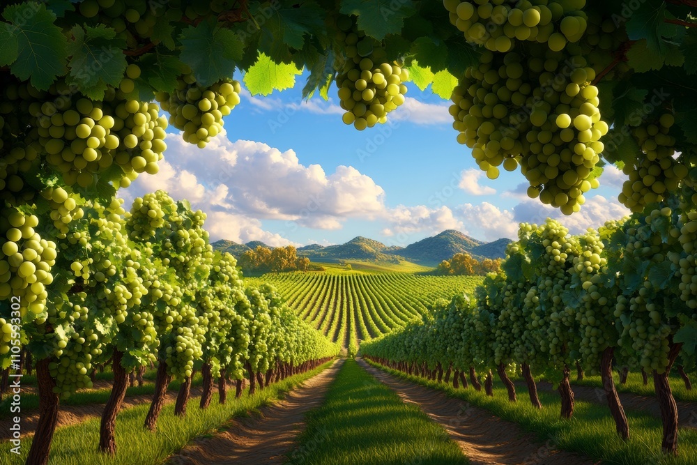 Naklejka premium Scenic Vineyard with Abundant Green Grapes and Mountain Range Under a Blue Sky