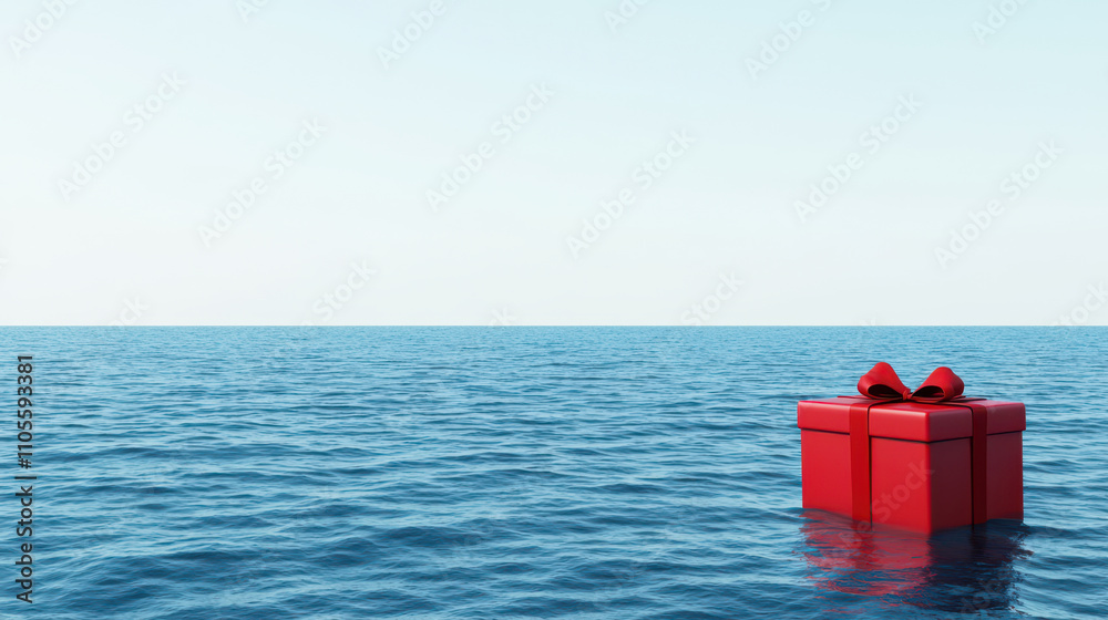 red gift box with bow floats on calm ocean water, evoking surprise