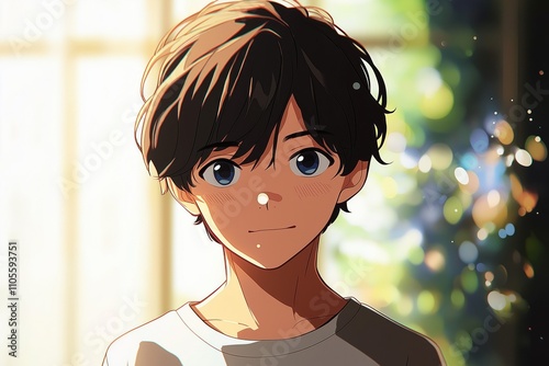 Anime boy portrait illustration. Young man with a gentle expression. Indoor scene with natural light. Casual style. Suitable for various themes like anime art, manga, teen, or character design. photo