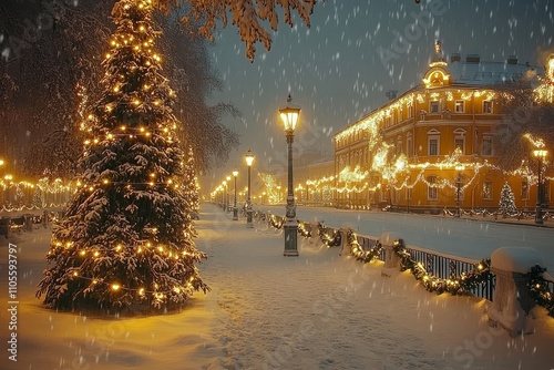 Christmas tree adorned with garlands and lights in Kuznechny Ferry square, St. Petersburg, with gentle snowfall and a yellow brick building at night. photo