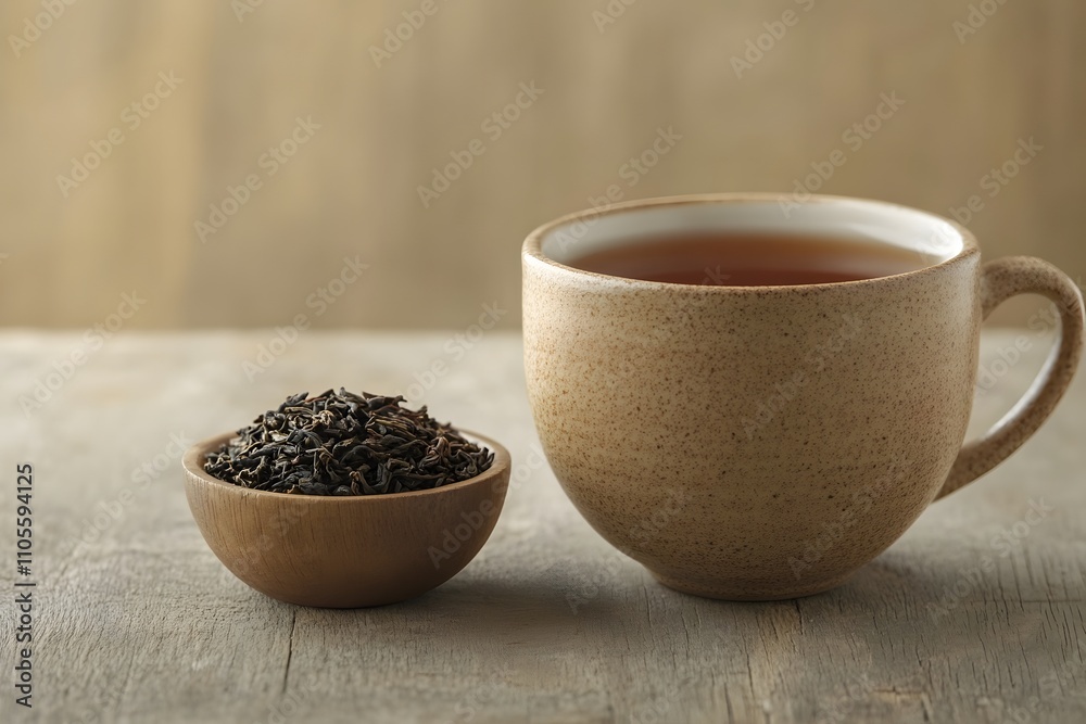 A cup of tea and a little bowl of dried tea leaves