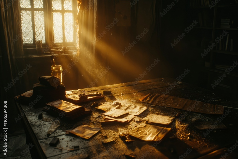 Obraz premium Sunlit Dusty Room Reveals Old Papers And Objects