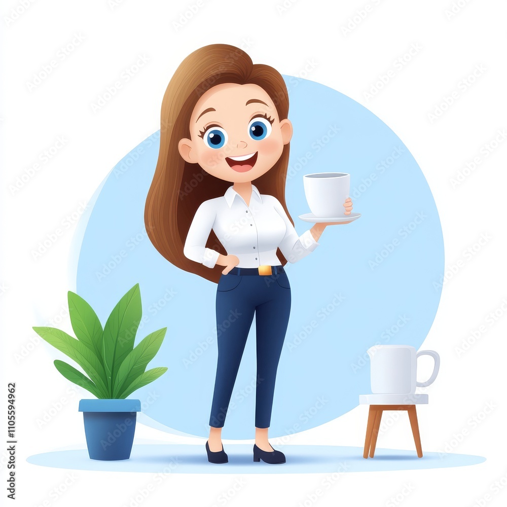 Cheerful Female Cartoon Character Holding Coffee Cup in Office Setting