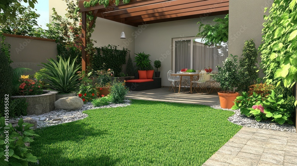 Minimalist townhouse in an urban environment, with a charming green garden terrace background wallpaper AI generated image Minimalist townhouse in an urban environment, with a charming green garden terrace background wallpaper AI generated image