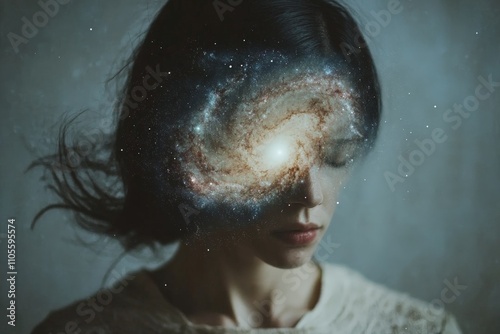 Portrait blending a woman's face with a swirling galaxy, creating a multidimensional visual experience that symbolizes dreams, imagination, and cosmic reality. photo