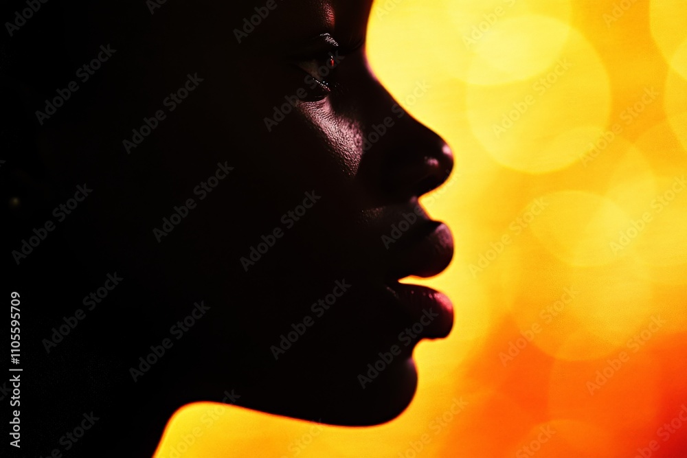 A striking silhouette of a person's profile set against a rich and vibrant bokeh background in shades of yellow and orange, capturing elegance and mystery. A striking silhouette of a person's profile set against a rich and vibrant bokeh background in shades of yellow and orange, capturing elegance and mystery.