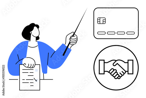 Woman holding and pointing at document with stick, illustrating contract. Nearby are a bank card and handshake icon. Ideal for business, finance, agreements, partnerships, banking, presentations