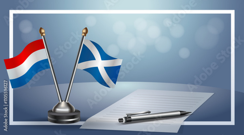Netherlands and Scotland Small national flag on bokeh background, cooperative relationship