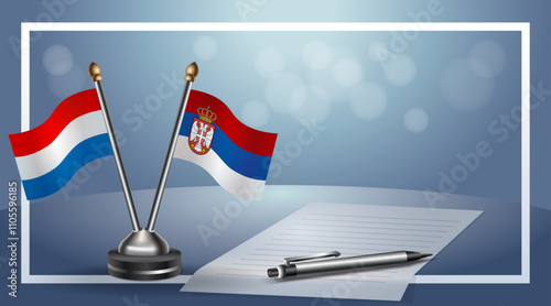 Netherlands and Serbia Small national flag on bokeh background, cooperative relationship