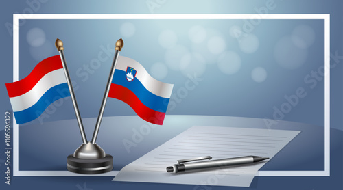 Netherlands and Slovenia Small national flag on bokeh background, cooperative relationship