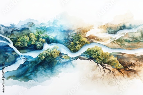 Exploring river delta ecosystem water flow dynamics in soft watercolor rendering nature's delicate balance
