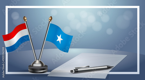 Netherlands and Somalia Small national flag on bokeh background, cooperative relationship
