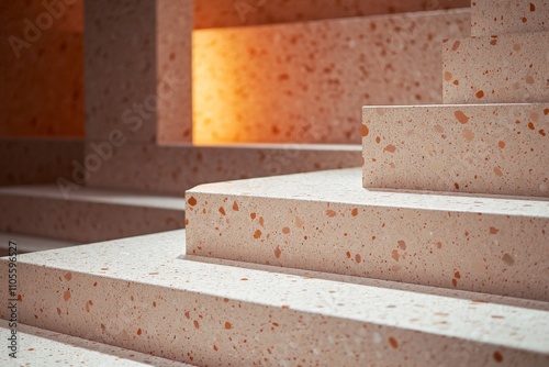 Gently illuminated staircase made from pastel-colored terrazzo, exuding a warm ambiance and displaying the harmonious integration of light and material in architecture. photo