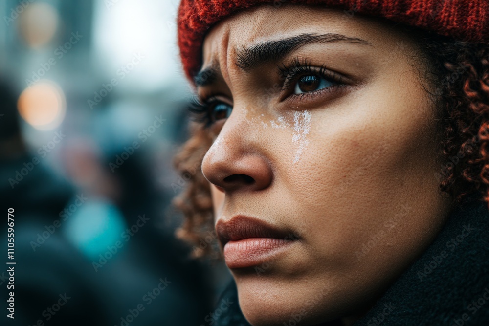A close-up photo of a woman with tears on her face, wearing a red knit hat, looking thoughtful and emotional during a public gathering. A close-up photo of a woman with tears on her face, wearing a red knit hat, looking thoughtful and emotional during a public gathering.