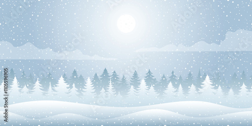 Winter minimalistic landscape, forest and snowfall, vector illustration