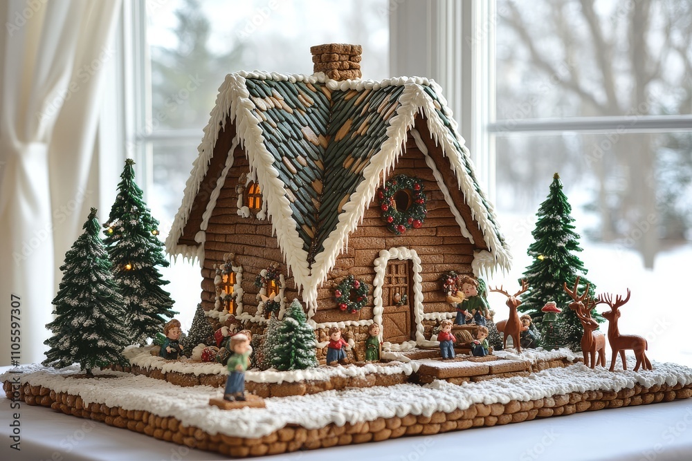 Fototapeta premium Gingerbread house shaped like an A-frame with children figurines building it, decorated with icing, Christmas trees, and red deer, placed on a table by a white window.