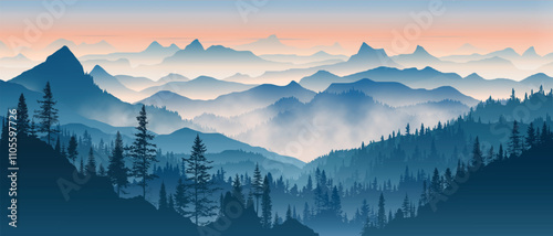 Sunrise in the mountains, misty silhouettes of ridges, forest in the fog, vector illustration