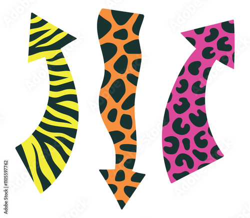 Arrows set. Animal skin arrows. Giraffe, leopard and zebra skin. Modern vector illustration for infographics, social media, website design
