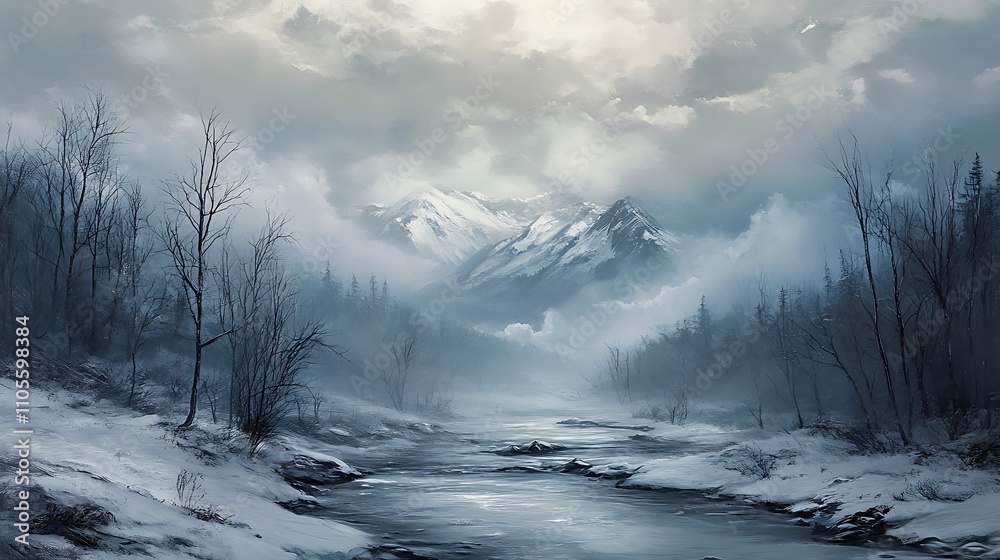 A Serene Winter Scene with a Snowy Mountain Range and a Tranquil River Winding Through the Landscape A Serene Winter Scene with a Snowy Mountain Range and a Tranquil River Winding Through the Landscape