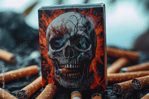 A striking skull illustration on a cigarette box surrounded by scattered cigarettes, evoking themes of danger and rebellion. photo