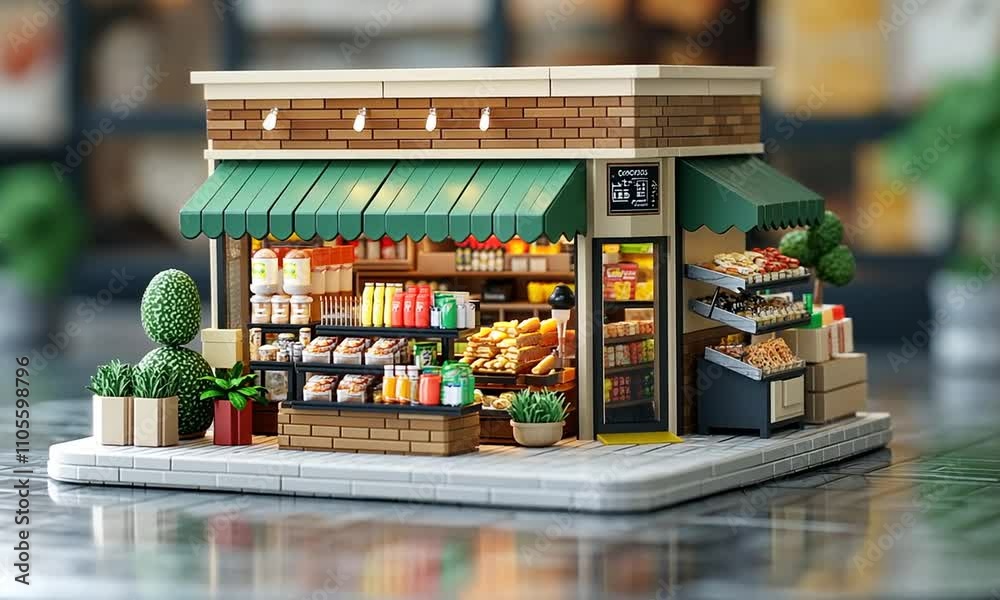 Miniature grocery store model with vibrant displays.