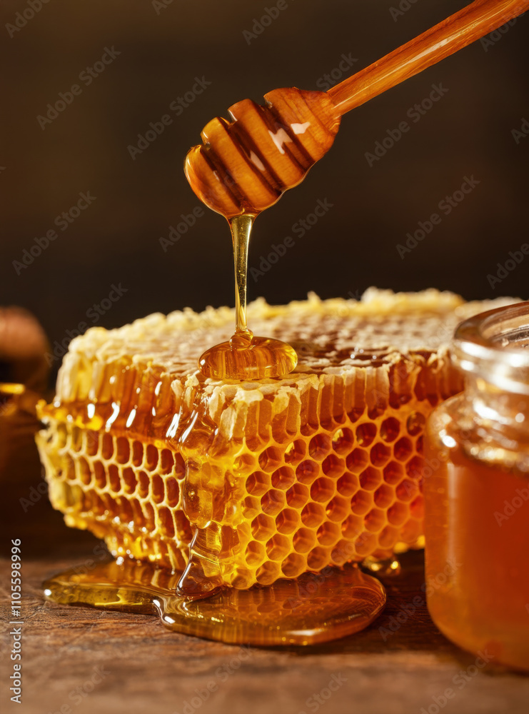 Harvesting Fresh Honeycomb in a Warm Kitchen, Showcasing Golden Honey Dripping From the Wax Cells, Wooden honey dipper Harvesting Fresh Honeycomb in a Warm Kitchen, Showcasing Golden Honey Dripping From the Wax Cells, Wooden honey dipper