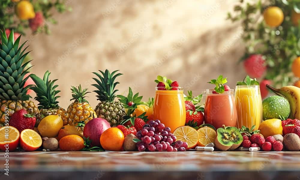 Colorful display of fresh fruits and smoothies. Colorful display of fresh fruits and smoothies.