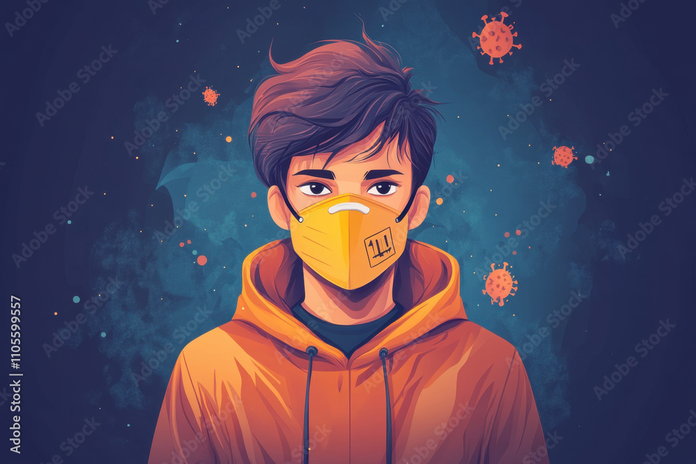 A young person wearing a yellow mask and an orange hoodie, surrounded by abstract virus-like illustrations in a dark blue background. A young person wearing a yellow mask and an orange hoodie, surrounded by abstract virus-like illustrations in a dark blue background.