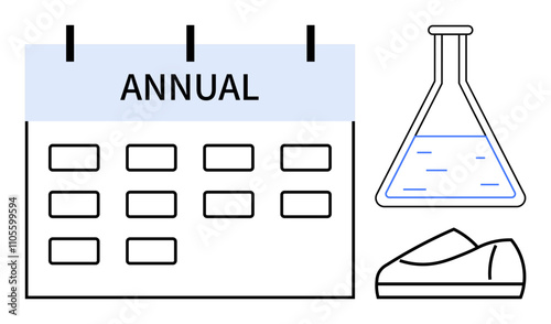 Calendar labeled ANNUAL with grid for dates, laboratory flask with liquid, and minimalist shoe icon. Ideal for event planning, scientific conferences, scheduling, business meetings, footwear