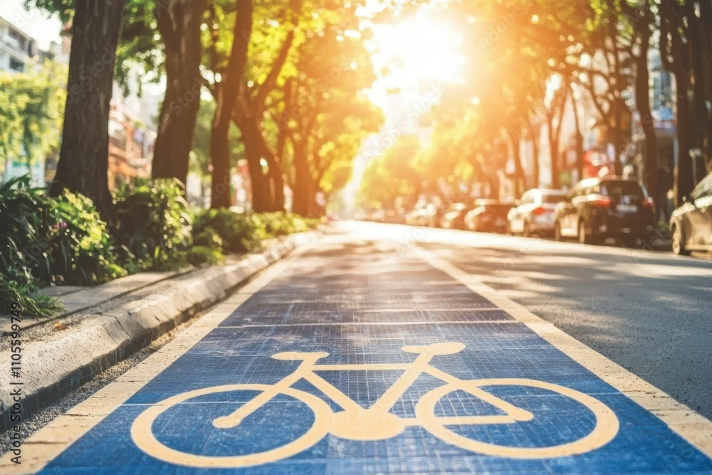 Obraz premium Sunny Day Bicycle Lane City Street Scene