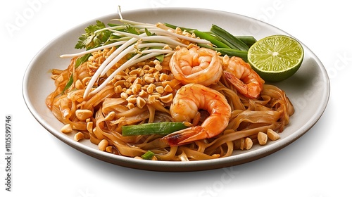 A vibrant plate of shrimp pad Thai featuring noodles, peanuts, lime, and fresh vegetables, showcasing a delicious Thai culinary experience.