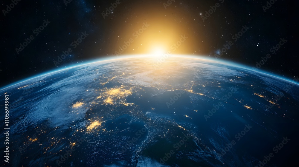 Fototapeta premium Sunrise over Earth: A breathtaking view of our planet from space, showcasing city lights and a radiant sun.