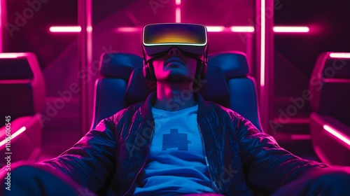 Immersive VR experience: A young man relaxes in a futuristic gaming chair, lost in a vibrant virtual world. photo