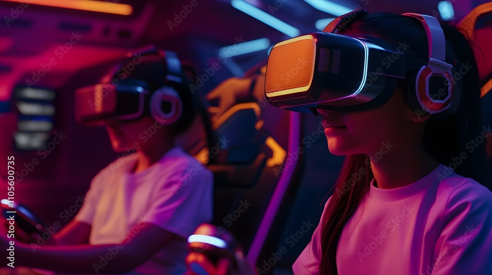 Immersive VR: Girls engrossed in a futuristic virtual gaming experience, vibrant neon lights illuminating their focused faces. Immersive VR: Girls engrossed in a futuristic virtual gaming experience, vibrant neon lights illuminating their focused faces.