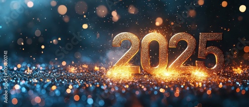 Fireworks bursting in a dark sky with metallic  2025  numbers glowing in the foreground focus on celebratory New Year mood theme dynamic overlay festive rooftop backdrop photo