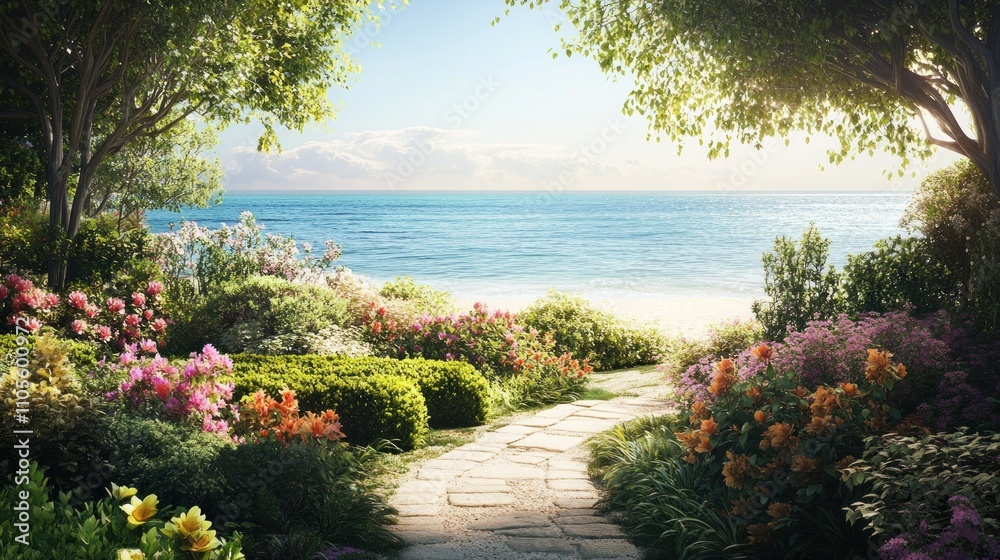 Lovely green garden by the sea with bush flowers and neatly trimmed hedges background wallpaper AI generated image Lovely green garden by the sea with bush flowers and neatly trimmed hedges background wallpaper AI generated image