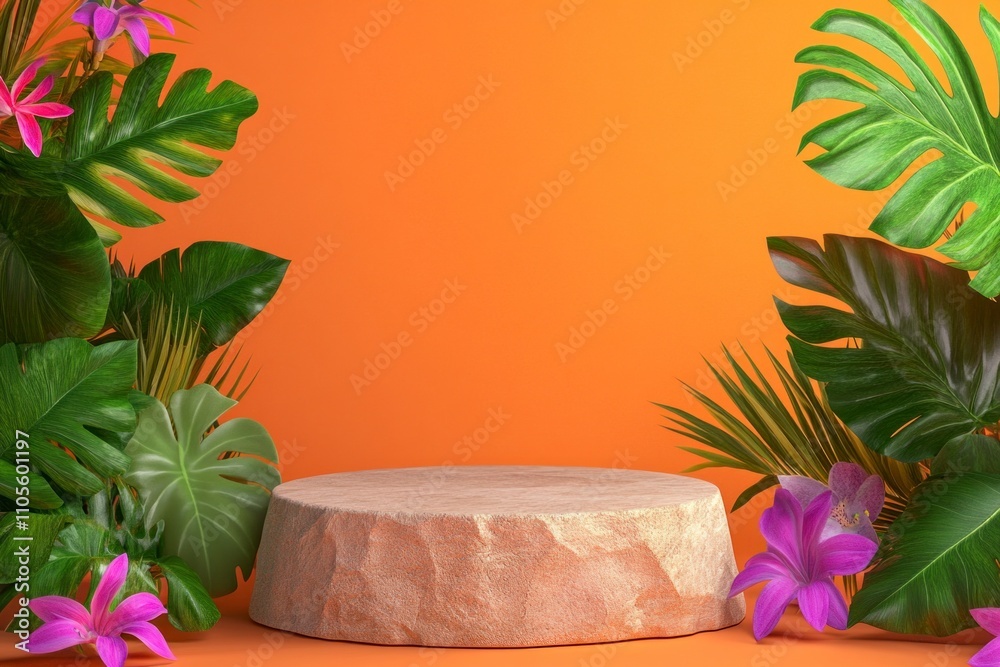 big round stone podium with tropical leaves and flowers big round stone podium with tropical leaves and flowers
