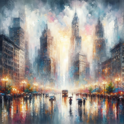 Impressionistic Cityscape Use washes of color to capture the haz