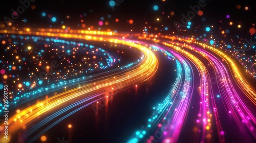 Abstract tech background shows colorful light trails. Moving lines create dynamic effect. Image evokes fast speed, futuristic design. Ideal for tech concepts, web design, advertising graphic design.