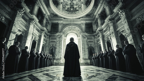 Vatican Curia with different priests and members of the Catholic Church, inside a luxurious palace, choosing the next Pope. Meeting of bishops for a conspiracy theory