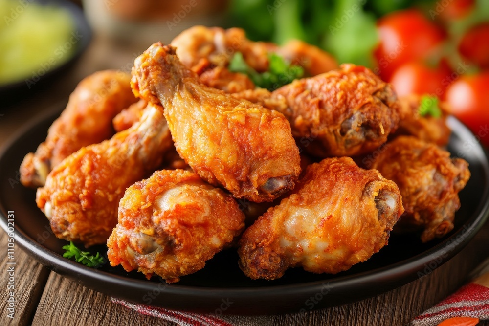 Delicious Plate of Crispy Fried Chicken Drumsticks with Fresh Vegetables Delicious Plate of Crispy Fried Chicken Drumsticks with Fresh Vegetables