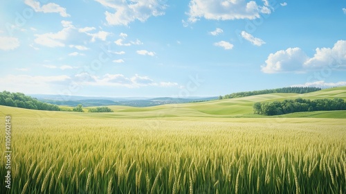 A serene landscape of golden wheat fields under a bright blue sky with fluffy white clouds.