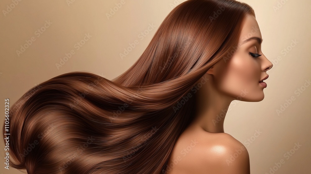 Beautiful woman with long, silky, shiny hair flowing in soft waves, glowing skin, minimal neutral background Beautiful woman with long, silky, shiny hair flowing in soft waves, glowing skin, minimal neutral background
