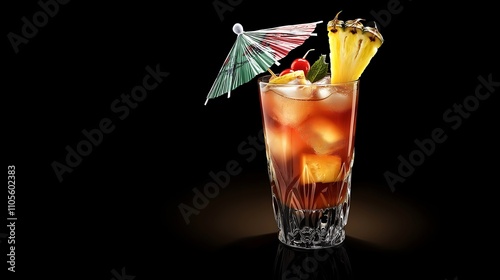 A vibrant cocktail garnished with fruit and a colorful umbrella, served in a stylish glass against a dark background.